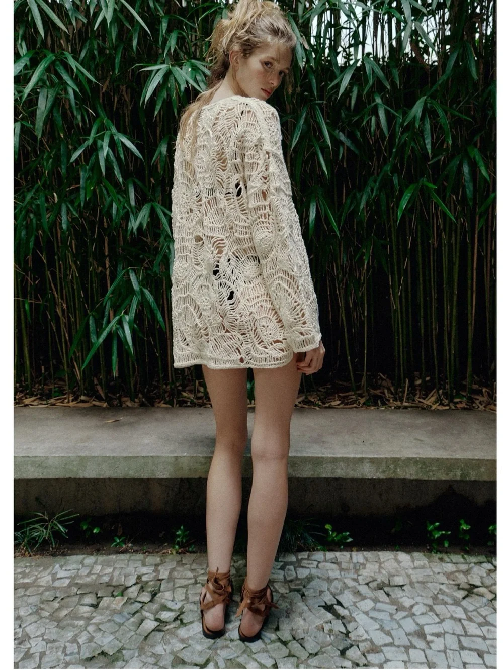 Zara Open-Knit Tassel Dress in Ecru features a distinct crochet pattern